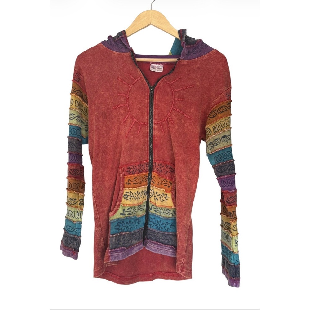 Rainbow Hoodie L/XL Greater Good Network Boho Hippie Patchwork Nepal Zip Up
